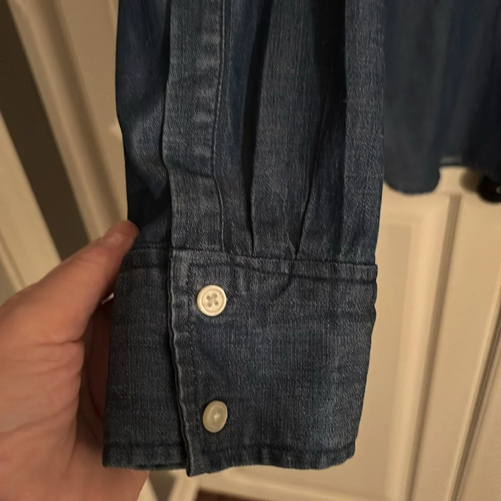 LOFT denim button up shirt with ruffle. L - Picture 4 of 5